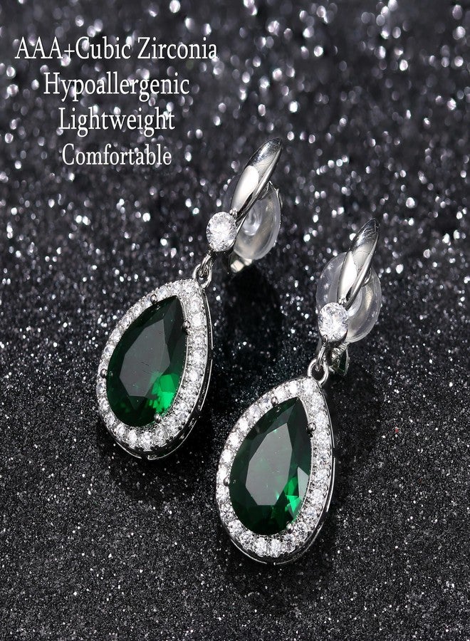 THUNARAZ Elegant Clip on Earrings for Women Sparkling Teardrop Dangle Clip Earrings Non-Pierced Green Rhinestone Cubic Zirconia Wedding Prom Jewelry Silver Tone - Image 2